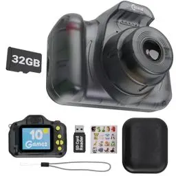 Produktbild: Kinderkamera für Mädchen und Jungen | Digitalkamera für Kinder | Selfie-Objektiv, 8X Zoom & Video | 32GB Kamera Micro SD-Karte, Aufkleber, Schlüsselband & Tragetasche Inklusive | ClicKid CAM10