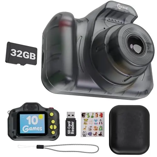 Produktbild: Kinderkamera für Mädchen und Jungen | Digitalkamera für Kinder | Selfie-Objektiv, 8X Zoom & Video | 32GB Kamera Micro SD-Karte, Aufkleber, Schlüsselband & Tragetasche Inklusive | ClicKid CAM10