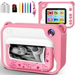Produktbild: KinderKamera,DigitalKamera Sofortbildkamera Print 1080P 2.4 Zoll Bildschirm Videokamera Schwarzweiß Fotokamera mit 32GB Karte 3 Rollen Druckpapier 5 Farben Pinselstift Geschenk für Kinder 3-12 Jahren