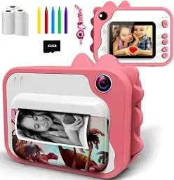 Produktbild: KinderKamera,DigitalKamera Sofortbildkamera Print 1080P 2.4 Zoll Bildschirm Videokamera Schwarzweiß Fotokamera mit 32GB Speicherkarte,3 Rollen Druckpapier,5 Farben Pinselstift Geschenk für Kinder