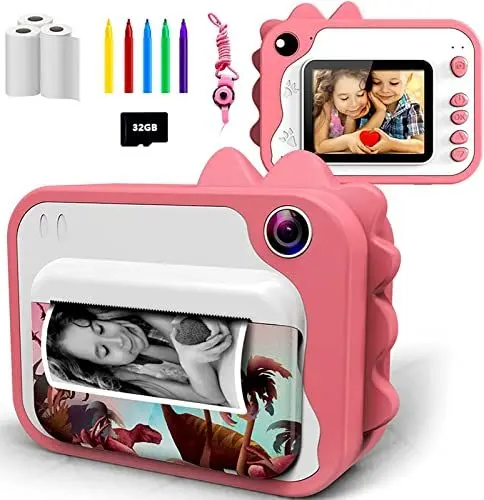 Produktbild: KinderKamera,DigitalKamera Sofortbildkamera Print 1080P 2.4 Zoll Bildschirm Videokamera Schwarzweiß Fotokamera mit 32GB Speicherkarte,3 Rollen Druckpapier,5 Farben Pinselstift Geschenk für Kinder