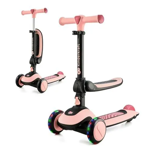 Produktbild: Kinderkraft Halley Scooter 2 in 1, Kinderroller ab 1 Jahr bis zu 50 kg, Tretroller, Dreirad Roller mit Klappbar Sitz, LED Räder, Höheverstellbare Lenker, Zusammenklappen, Modernes Design, Rosa