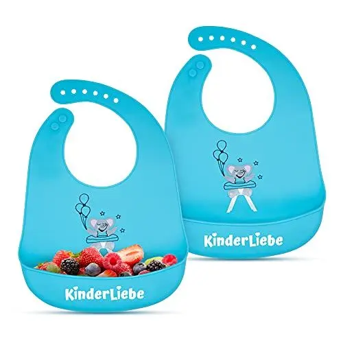 Produktbild: Kinderliebe - 2 Stück - Baby Silikon Lätzchen - TÜV geprüft ! - 2x Auslaufsichere Silikonlätzchen BPA Frei - Silikon Lätzchen mit Auffangschale - Blaue Babylätzchen abwaschbar & wiederverwendbar