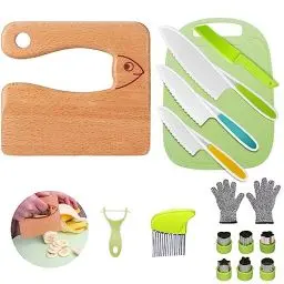 Produktbild: Kindermesser 16-teiliges Kinder-Küchenmesser-Set zum Schneiden und Kochen von Obst oder Gemüse für Kleinkinder, inklusive Holzmesser Schneidebrett Schäler Kinderschere Ausstechformen (Fisch)
