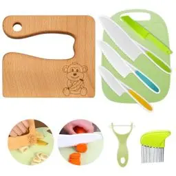 Produktbild: Kindermesser 8-teiliges Kinder-Küchenmesser-Set zum Schneiden und Kochen von Obst oder Gemüse für Kleinkinder, inklusive Holzmesser Schneidebrett Schäler(Affen)