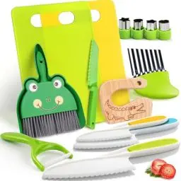 Produktbild: Kindermesser - 14 teiliges Kinder Sicherheit Küchenmesser für echtes Kochen mit Holzmesser, Kindermesser, Schneidebrett, Schäler etc. | Messer für Kinder ab 2 Jahren, Montessori Messer, kinder kochset