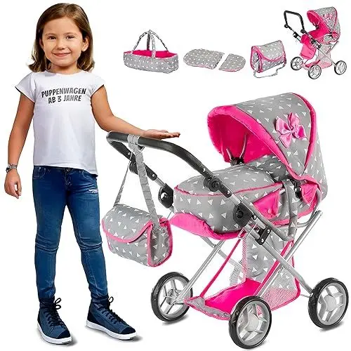 Produktbild: Kinderplay Puppenwagen ab 1 2 3 Jahre Kinderwagen Spielzeug - 3 in 1, Puppenwagen mit Herausnehmbarer Tragetasche und Umhängetasche, Höhenverstellbar 34.5 cm bis 64 cm, KP0200S