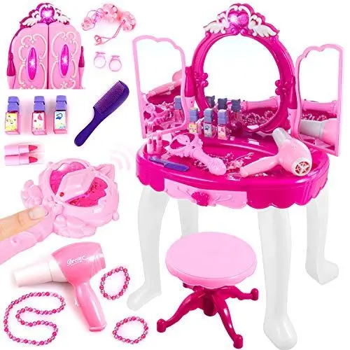Produktbild: Kinderplay Rosa Schminktisch Kinder mit Zauberstäbchen - Haartrockner funktioniert wie EIN echter | Kinder Schminktisch für Mädchen mit MP3-Eingang, Zubehör, KP8846