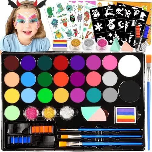 Produktbild: Kinderschminke Set, Halloween Schminke Karneval Faschingsschminke Kinder Professionelle mit 28 Farben Schminkpalette, 3 Berufs Pinsel, 30 Schablonen Ostern Mädchen Geschenke 3 4 5 6 7 8 9 10 Jahre