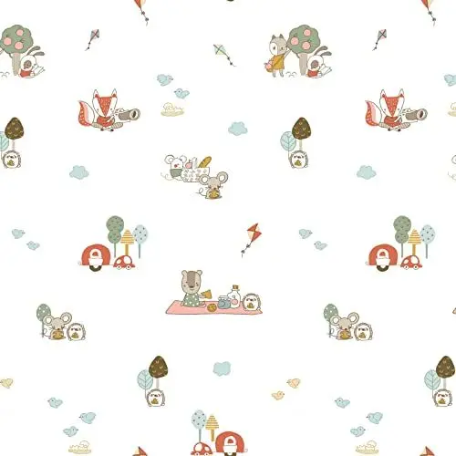 Produktbild: Kinderstoff Bio-Baumwolle Meterware 150 cm – Fuchs, Bär & Maus Picnic – Popeline Stoff weiß – Baumwollstoff schadstoffgeprüft für Kinderbekleidung, Bettwäsche & Deko