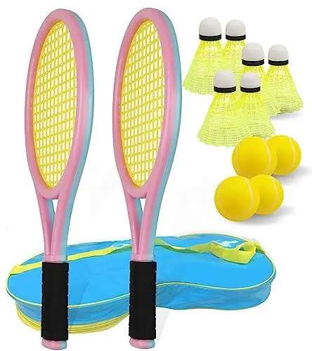 Produktbild: JHuiLap Kinder Tennisschläger Set – Enthält einen 17-Zoll-Schläger, 4 weiche Schaumstoffbälle, 6 Federbälle und eine Tragetasche – Ideal für Kinder für Outdoor- und Indoor-Sport (Blau und Rosa)