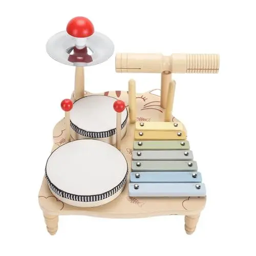 Produktbild: Kindertrommel-Set, Musiktrommel-Set aus Holz, Baby-Musikinstrumente, Spielzeug für Kleinkinder, Holz-Xylophon-Schlaginstrumente, Musikspielzeug für Kinder, und Mädchen