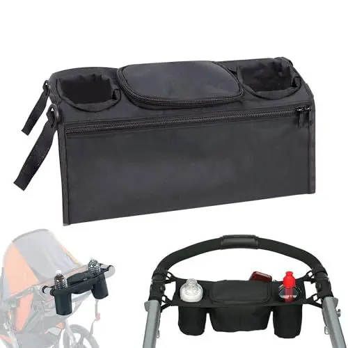 Produktbild: Kinderwagen Organizer mit 2 Getränkehaltern, Buggy Organizer Taschen mit Becherhalter Universal Kinderwagen Tasche Tragbare Reißverschlusstasche Kinderwagentasche für Windeln Flaschen Tücher, Schwarz