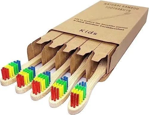 Produktbild: Kinder-Zahnbürsten-Set, Bambus, 5 Stück, weiche Borsten, manuelle Zahnbürsten für Kinder (Rainbow 5 Pack)