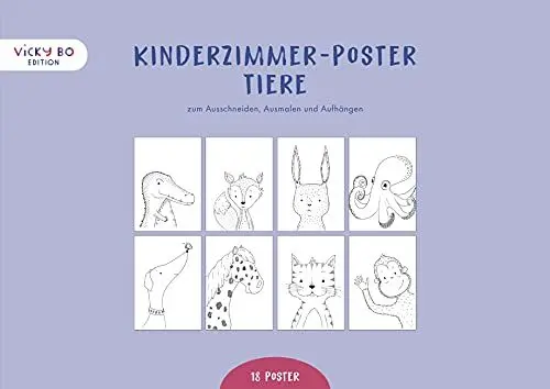 Produktbild: Kinderzimmer Poster - Tiere: 18 Zeichnungen zum Ausschneiden, Ausmalen und Aufhängen (Deko Wandbilder Din A4)