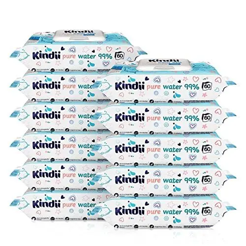 Produktbild: Kindii Feuchttücher Pure Water 99% – (12x60 Stück) Feuchttücher für Babys und Kinder – unparfümiert, dermatologisch getestet, empfindliche Haut – 720 Stück