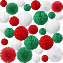 Produktbild: KINDPMA 30 Stück Weihnachten Party Dekoration Papier Wabenbälle und Papier Lüfter Rot Grün Weiß Papier Pompom Papier Wabenball Dekoration für Weihnachten Hochzeit Geburtstag Party