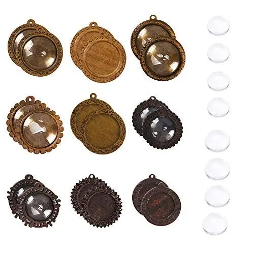 Produktbild: KINDPMA 36pcs Anhänger Tablett Lünette Anhänger Set mit Glas Cabochon Retro Glaskuppel Bastelset 25mm 30mm Schmuck Anhänger für DIY Basteln Souvenir Foto Medaillon Halskette Schmuckherstellung