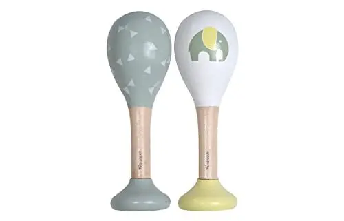 Produktbild: Kindsgut Rasseln aus Holz, 2er Set Musik Instrument für Babys und Klein-Kinder, ideal für unterwegs, dezente Farben und hochwertige Qualität, Elefant und Dreiecke