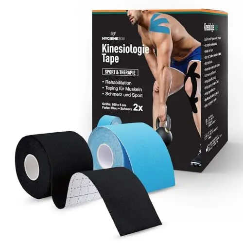 Produktbild: Hygiene100 Kinesiologie Tape - 2 Kinesiologie-Tape Rollen Blau + Schwarz (5 cm x 6 m) - elastisches Sporttape - therapeutisch, latexfrei, frei zuschneidbares Tape zur Schmerzlinderung