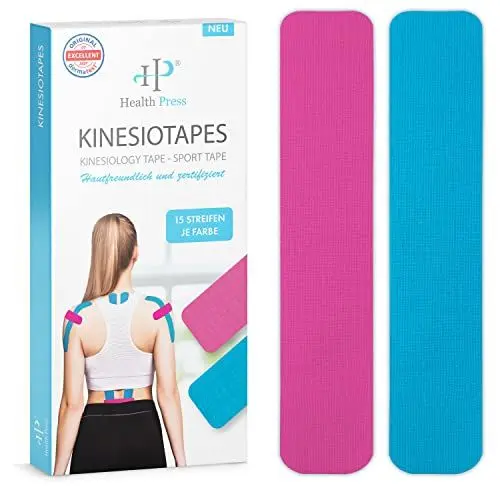 Produktbild: Health Press® Kinesiotapes - 30 Kinesiologie Tape Streifen Precut Blau + Rosa (25cm x 5cm) Kinesiotape - Profi Physio Tape und Sporttape - Hautfreundliche Tapes DERMATEST: SEHR GUT