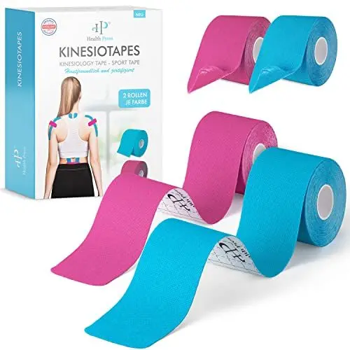Produktbild: Health Press® Kinesiotapes - 4 Kinesiologie Tape Rollen 2x Blau + 2x Rosa (5cm x 5m) Kinesiotape - Profi Physio Tape und Sporttape - Hautfreundliche Tapes DERMATEST: SEHR GUT