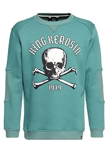 Produktbild: King Kerosin Herren Basic Pullover Langarm Front Print Regular Fit Skull Rippbund Rundhals Totenkopf 1979