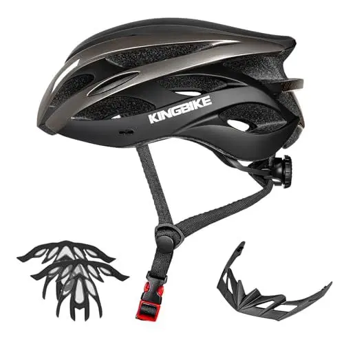 Produktbild: KINGBIKE Fahrradhelm Leichter größenverstellbarer Rennradhelm mit Visier und austauschbarem Innenfutter für Jugendliche Erwachsene Damen Herren (Schwarzes Titan, L(59-62CM))