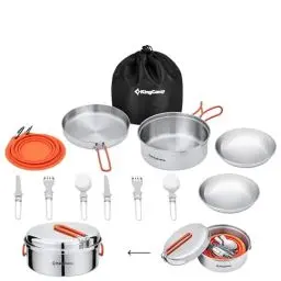 Produktbild: KingCamp Camping Geschirr Set 2-4 Personen I Camping Kochgeschirr aus Edelstahl I Camping Töpfe mit Faltbare Besteck I Ultraleicht Camping Topf Pfanne Set für Campingkocher
