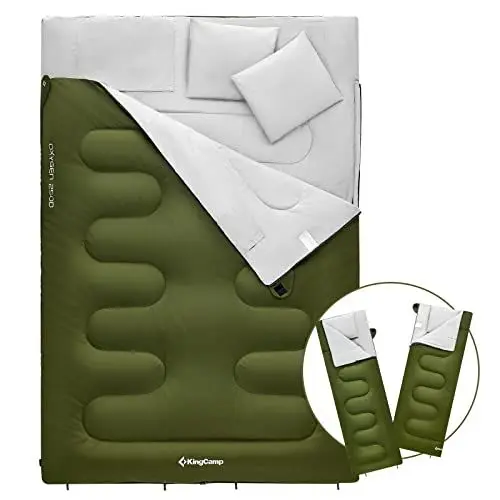 Produktbild: KingCamp Doppelschlafsack Schlafsack Deckenschlafsack Winter Erwachsene mit Kissen für 2 Personen und Tragetasche Angenehme Temperatur für Outdoor Camping, (Oliv)