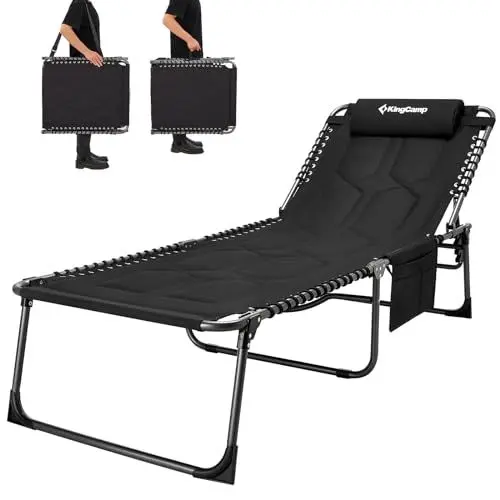 Produktbild: KingCamp Übergroße Sonnenliege Klappbar 5-Fach Verstellbar Gartenliege Liegestuhl Dreibeinliege Liege Campingliege mit Kopfkissen und Seitentasche bis 150 kg für Garten Urlaub Strand Pool 200 x 68 cm