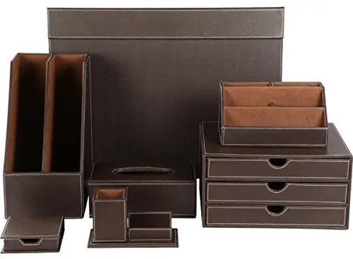 Produktbild: KINGFOM™ 7pcs Leder Schreibtisch Organizer Set -- Inklusive Schreibtisch Organisator , Schubladenbox, Schreibunterlage, Kosmetiktücherbox , Zeitschriftensammler Halter , Stifthalter mit Visitenkartenhalter und Zettelbox ( T06-Braun)