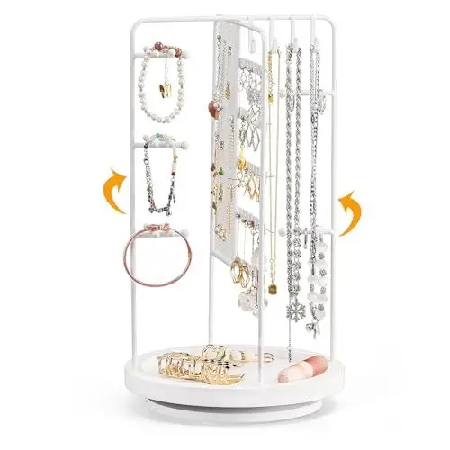 Produktbild: Kingling Schmuckständer Drehbarer, Schmuck Organizer mit Holzsockel, Ketten Aufbewahrung Schmuck Ständer Schmuckaufbewahrung für Halsketten, Ohrringe, Armbänder, Ringe Schmuck Organizers - Weiß