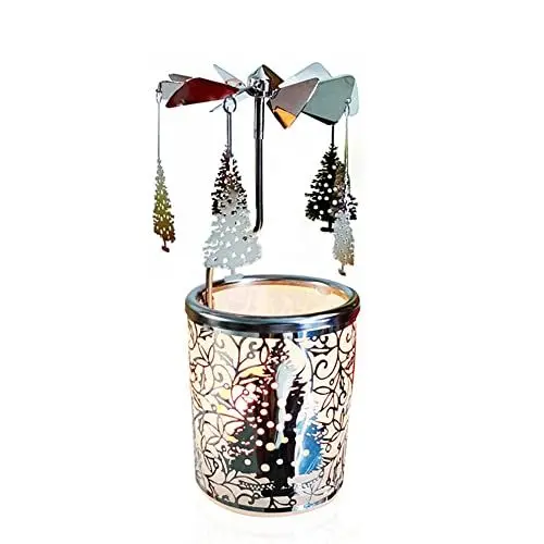 Produktbild: Kingnero Silver Windlicht Karussell, Glas teelichthalter karussell für Weihnachten Geschenk,Familie und Freunde (silberner Weihnachtsbaum)