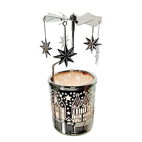 Produktbild: Kingnero Windlicht Karussell, Glas teelichthalter karussell, Drehbar Kerzenatter windmühle Kerze Familie und Freunde (Silberner Stern)