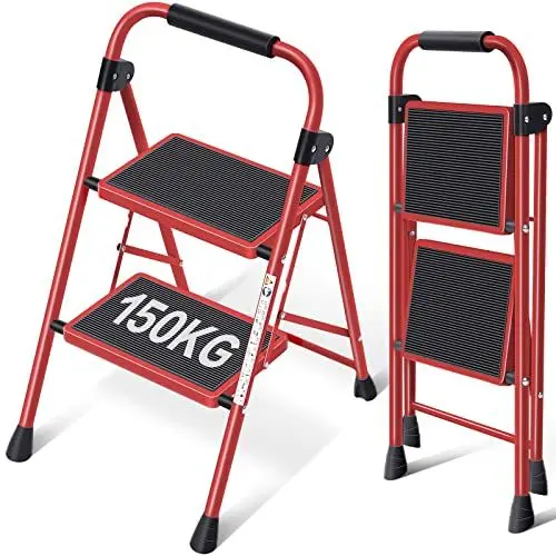 Produktbild: KINGRACK 2 Stufen Leiter, Trittleiter mit Handläufen, Stufenleiter, Klappleiter Tritthocker, Klapptritthocker für Erwachsene mit Griff, Haushaltsleiter Anti-Rutsch-stabilem und breitem Pedal, rot
