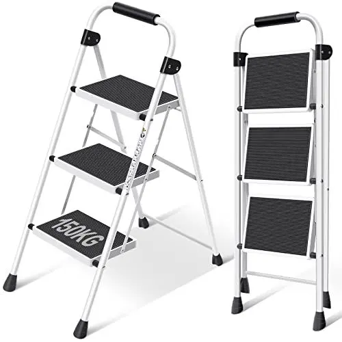 Produktbild: KINGRACK 3 Stufen Leiter, Trittleiter mit Handläufen, Stufenleiter, Klappleiter Tritthocker, Klapptritthocker für Erwachsene mit Griff, Haushaltsleiter Anti-Rutsch-stabilem und breitem Pedal, weiß