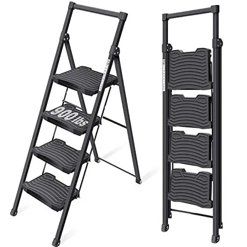 Produktbild: KINGRACK 4 Stufenleiter, Stufenleiter 4 Stufen klappbar mit rutschfestem, breitem Pedal und Handläufen, leichte Haushaltsleiter für Küche, Vorratskammer, Schränke, Büro，Max Belastung 900 LBS