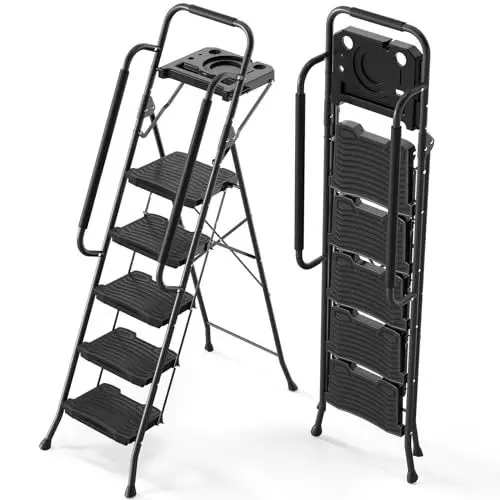Produktbild: KINGRACK Leiter 5 stufen klappbar, trittleiter mit Ablagefläche, Sicherheitshandlauf, breite Pedal Antirutsch Stahl Haushaltsleiter, geeignet für Wohnküche, Speisekammer, Büroschrank, schwarz