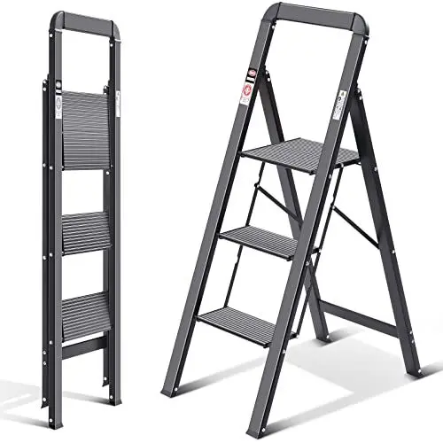 Produktbild: KINGRACK Leiter Aluminium, Trittleiter 3 Stufen klappbar, Leiter 3 Stufen mit Handlauf Belastbar bis 150 kg, rutschfeste Haushaltsleiter mit Klappsicherung, Aluleiter für Zuhause, Büro,Garten,Schwarz