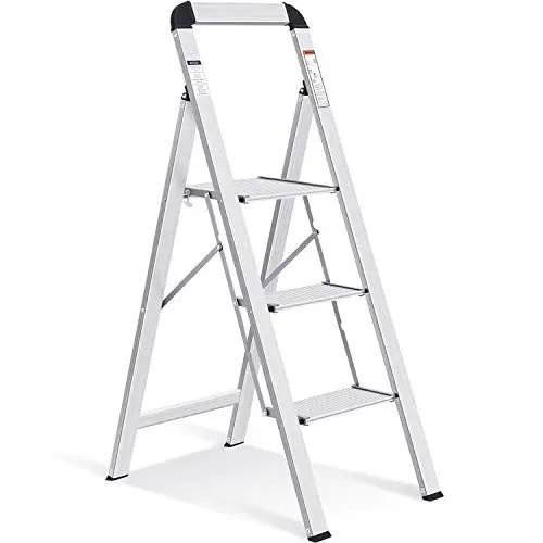 Produktbild: KINGRACK Leiter Aluminium, Trittleiter 3 stufen klappbar, leiter 3 stufen mit Handlauf Belastbar bis 150 kg, rutschfeste Haushaltsleiter mit Klappsicherung, Aluleiter für Zuhause, Büro, Garten, Silber