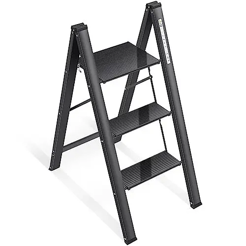 Produktbild: KINGRACK Stufenleiter, Trittleiter 3 Stufen, Klapptrittleiter mit Handlauf, rutschfeste Haushaltsleiter mit Klappsicherung, Aluminium Tritthocker Schwarz