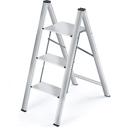 Produktbild: KINGRACK Stufenleiter, Trittleiter Stufen, Klapptrittleiter mit Handlauf, rutschfeste Haushaltsleiter mit Klappsicherung, Aluminium Tritthocker (3 Stufen, Silber)