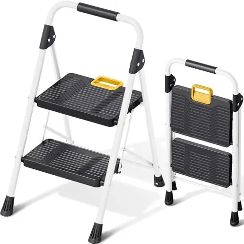 Produktbild: KINGRACK 2-stufige Leiter, Stabiler Stahl-Tritthocker mit Safe-Lock-Design, Handlauf, rutschfeste breite Pedale