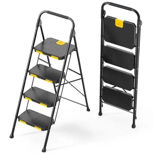 Produktbild: KINGRACK Leiter 4 Stufen, trittleiter 4 Stufen klappbar, mit rutschfestem, breitem Pedal und Handläufen, leichte Haushaltsleiter für Ihre Küche, Speisekammer, Schränke, Büro (Schwarz)