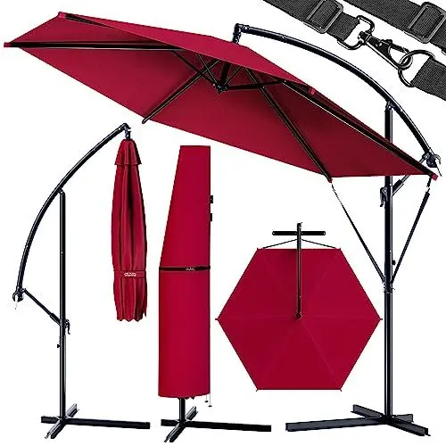 Produktbild: Kingsleeve® Ampelschirm Sonnenschirm Ø 300cm Groß Rund mit Ständer Abdeckung Windsicherung Alu Kurbel schwenkbar neigbar Garten Balkon 3m Rot