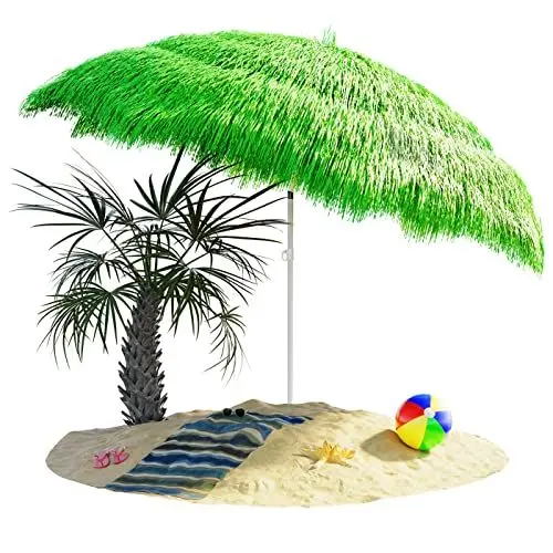 Produktbild: Kingsleeve® Sonnenschirm Hawaii Ø160cm Neigbar Höhenverstellbar UV Schutz 30+ Groß Rund Balkon Strand Strohschirm Strandschirm Bast Hawaiischirm Grün