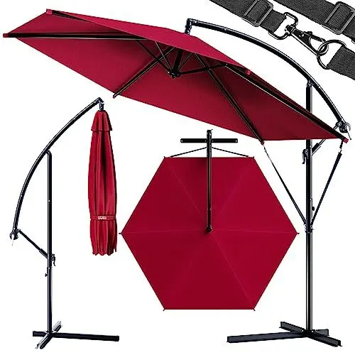 Produktbild: Kingsleeve® Sonnenschirm UV Schutz 80+ Ø 300 cm Groß mit Ständer Schutzhülle Windsicherung Neigbar Rund Kurbel Garten Balkon Ampelschirm Rot