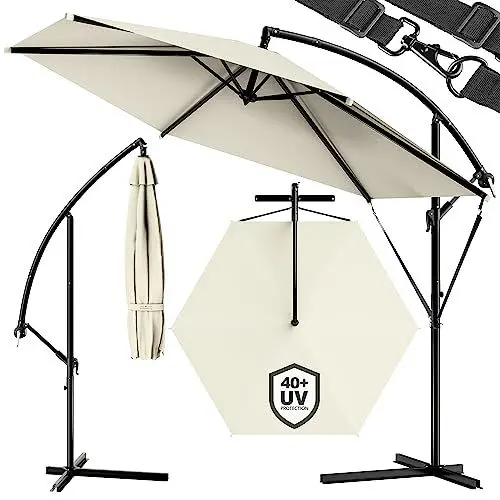 Produktbild: Kingsleeve® Sonnenschirm UV Schutz 80+ Ø 330 cm Groß mit Ständer Schutzhülle Windsicherung Neigbar Rund Kurbel Garten Balkon Ampelschirm Creme