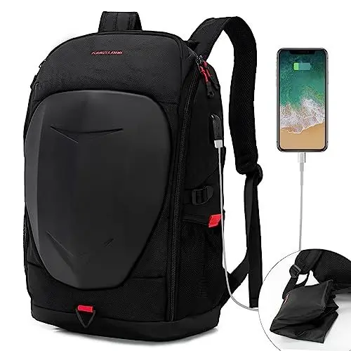 Produktbild: KINGSLONG Motorradrucksäcke für Herren,Rucksack Laptop Herren 15-17,3 Zoll Tech Wasserdicht Gaming Rucksack mit USB-Anschluss Reisen Rucksäcke Hartschale Motorrad Rucksack Outdoor - Schwarz